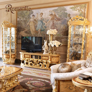 Meuble TV <span class=keywords><strong>en</strong></span> bois massif antique doré <span class=keywords><strong>de</strong></span> style français <span class=keywords><strong>de</strong></span> luxe, fait à la main, écologique, avec rangement <span class=keywords><strong>en</strong></span> verre pour le salon - Product Image 2