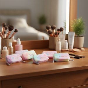 Petite trousse de maquillage en fausse fourrure colorée brodée avec fermeture éclair et poignée souple - Product Image 2