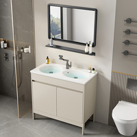 Meuble-lavabo double vasque blanc crème en aluminium sur pied avec vasques en céramique, armoire à trois portes avec miroir LED intelligent, idéal pour projets hôteliers