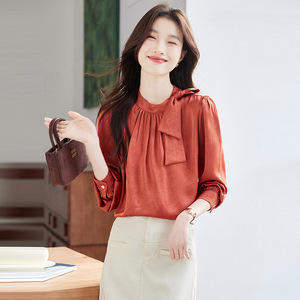 Springtime Bow Tie Blouse Women Long Sleeve Satin Solid Color Work Shirt Orange <b>White</b> - Product Image 1