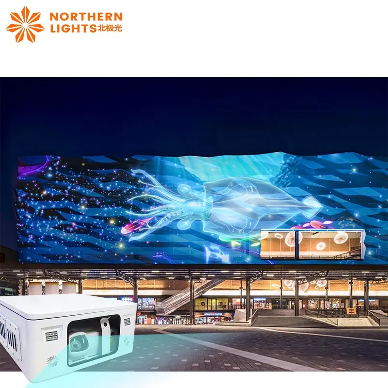 Duvar projektörü üzerinde açık büyük bina ekran haritalama etkileyici bir deneyim çok içerik interaktif projeksiyon