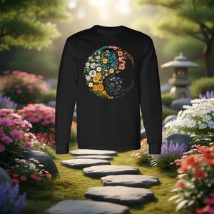 T-shirt a maniche lunghe con simbolo Yin Yang floreale, design Zen Taijitu - Product Image 3
