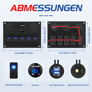 Panneau de commande marin étanche 5 interrupteurs LED bleus 12V avec allume-cigare, voltmètre numérique rond et chargeur USB double port pour voiture - Product Image 2