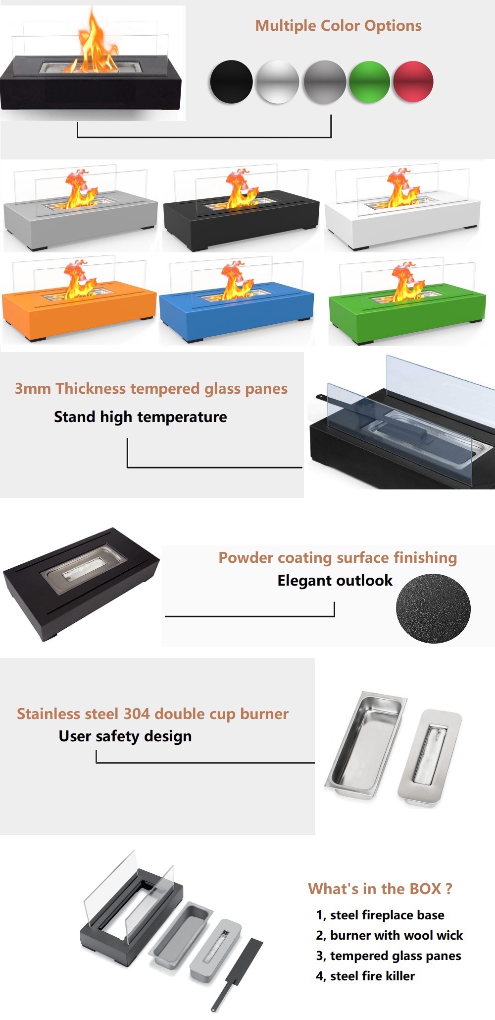 Portable Ventless Indoor Bioethanol Fireplace Metal Tabletop