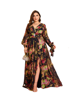 Robe de soirée longue à manches lanternes, taille plissée, col en V, avec broche en strass, pour femmes grandes tailles, avec fente et ceinture