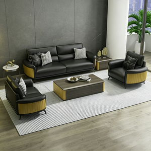 Ensemble de canapés de bureau en cuir de luxe 1+2+3, canapé de réception moderne pour PDG avec table basse, structure en métal doré, mobilier de salle d'attente de bureau - Product Image 4