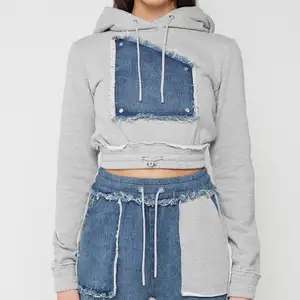 Macchiolina Drawcords Distressed Denim Patch Crea Silhouette di Strada Rappezzatura Hoodies di Usura