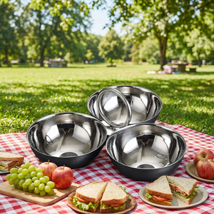 Stainless Steel Serving Bowls Polished Metal Round Dishwasher Safe for <b>Camping</b> Outdoor Picnic Food Serving Minimalist Design - Product Image 1