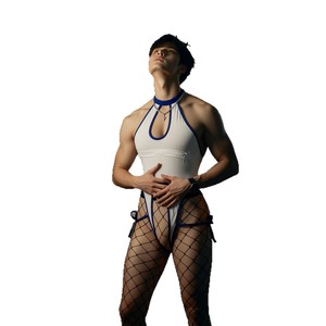 Sexy Japanese-style ice silk swimsuit with halter neck and zipper, high slit, cross-dressing bodysuit, seductive men's style, - Product Image 4