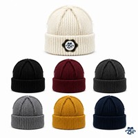 Bonnet unisexe en tricot côtelé à bord brut, style déstructuré, avec patch personnalisé, pour l'hiver, vente en gros
