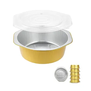 1430ml 2000ml di alluminio dorato foglio di padella stampo a parete liscia ciotola per zuppa rotonda con coperchio vassoio in alluminio sicuro