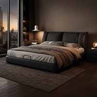 Lit plateforme rembourré noir avec tête de lit moelleuse, cadre de lit Queen/King profil bas pour hôtels, appartements, chambres à coucher OEM ODM
