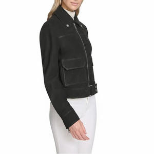 Veste Courte de Motard en Daim de Mouton Véritable de Luxe pour Femme, Coton Écologique Brut, Noir Jais, Style Moto Premium, Manteau en Cuir - Product Image 2