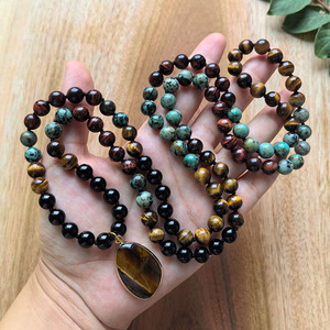 สร้อยมาลาถักมือ <span class=keywords><strong>108</strong></span> เม็ด, ไทเกอร์อาย, แอฟริกันเทอร์ควอยซ์, จาปา มาลา, สำหรับการทำสมาธิ, คริสตัลบำบัด, เครื่องประดับสำหรับโยคะและการสวดมนต์ - Product Image 1