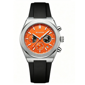 BESSERON Men's Sport Chronograph Watch Stainless Steel Case <b>Red</b> Silicone Band 42mm Analog Quartz Movement - Product Image 1