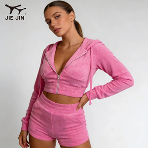 Conjunto Deportivo JIEJIN Personalizado Y2K <span class=keywords><strong>para</strong></span> Mujer, Top Corto de Terciopelo con Capucha, Corte Ajustado, Sexy, de Dos Piezas con Pantalones Cortos - Product Image 2