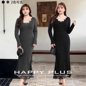 เดรสทรงบอดี้คอนสีดำสำหรับสาวพลัสไซส์ แต่งขอบลูกไม้ คอทรงโอ แขนยาว สีพื้น ผ้าฝ้าย - Product Image 4