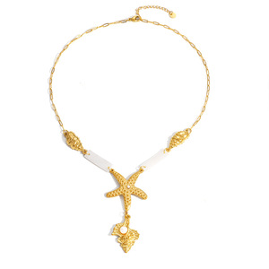 Stainless Steel Necklace Ocean Theme Seashell Starfish <b>Design</b> Pearl Inlay 18k Gold Plated For Vacation - Product Image 4
