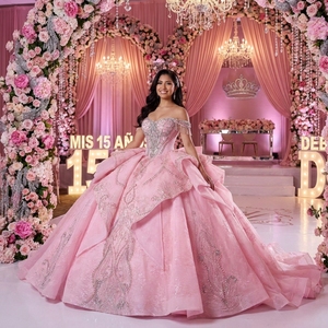 Rsm261107 Crystal Beaded Bodice Pink Ball Gown Gorgeous Voluminous <b>Silver</b> Embellished Train Quinceanera <b>Dress</b> Jancember - Product Image 1