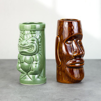 Taza Tiki de Cerámica Esculpida en 3D de 420 ml, Taza de Cóctel Moai Hawaiana Vintage, Taza de Cerveza con Diseño Artístico Pintado del Dios Tiki para Bar, Fiesta, Hogar