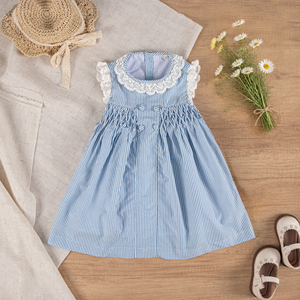 Abito da bambina Jiefute all'ingrosso, stile vintage spagnolo, a righe blu, con maniche a campana, lunghezza al ginocchio, in pizzo, per neonate e bambine. - Product Image 2