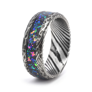 Nouvelle conception, bague en acier damas tendance de 8 mm, incrustation d'<span class=keywords><strong>opale</strong></span> galactique, plaquée <span class=keywords><strong>noire</strong></span>, pour homme, femme, unisexe, alliance, bague de fiançailles, bijoux - Product Image 1