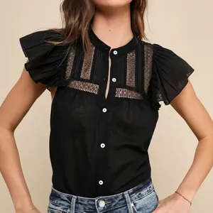 Summer New Women Black Embroidered Button-Up Top Temperament Casual Elegant Blouse Top Selling Products 2024