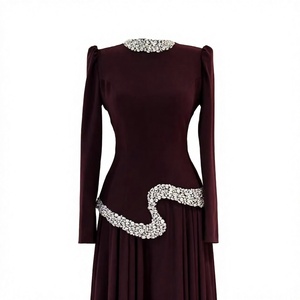 Elegant Women's <b>Long</b> Sleeve Maxi <b>Dress</b> High Neck Beaded Silk Pleated Hem Party Evening Wear - Product Image 3