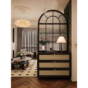 Paravent en bois massif avec verre cannelé de style vintage français, porte d'entrée, armoire à chaussures européenne, séparateur de salon, salle de bain, chambre à coucher - Product Image 2