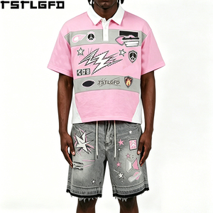 Custom Multi Patch Polo Shorts <b>Set</b> Pink Graphic Print Embroidery Distressed Denim Shorts Y2K Streetwear Wholesale Bulk - Product Image 2