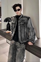 Blouson Bomber Unisexe Rétro Américain Vintage Noir Décontracté en Jean Coupe-Vent Long XL Printemps Automne avec Fermeture Éclair en Cuir de Vachette