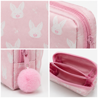 Trousse à crayons à imprimé lapin rose avec tirette de fermeture éclair pompon et poche intérieure zippée pour fournitures scolaires 1