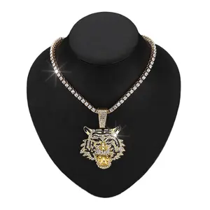 Iced out kalung rantai tenis 5mm, perhiasan kalung liontin kepala harimau berlian imitasi berkilau