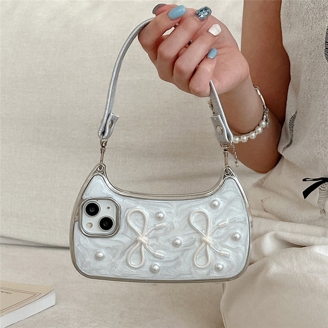INS 3D Bow Pearl Handbag Hand Strap Phone Case for iPhone 15 14 13 12 Soft Shockproof Cover for Iphone15promax