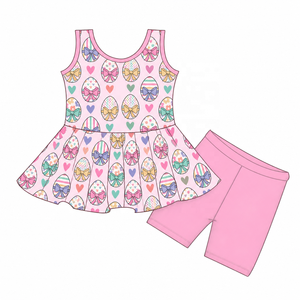 Set Personalizzati in Cotone per Bambine, Primavera-Estate, ODM, con Stampa Uova di Pasqua, Top a Maniche Lunghe/Corte e Leggings Capri - Product Image 4