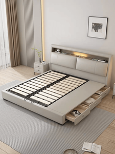 Juego de cama doble de cuero genuino tamaño King de estilo moderno y elegante, muebles de dormitorio tapizados de gama alta, cómodos de acero - Product Image 4