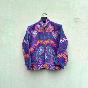 Hand Embroidered Purple <b>Velvet</b> Suzani <b>Jacket</b> With Floral Pattern Full Sleeve Stand Collar Bohemian Winter Outerwear - Product Image 1