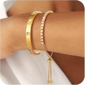 Đồ Trang Sức Thời Trang 18K Vàng Thép Không Gỉ Zircon Chuỗi Tennis Vòng Đeo Tay Và Zircon Tình Yêu <span class=keywords><strong>Bangles</strong></span> <span class=keywords><strong>2</strong></span> Mảnh Vòng Đeo Tay Bộ Cho Phụ Nữ - Product Image 4