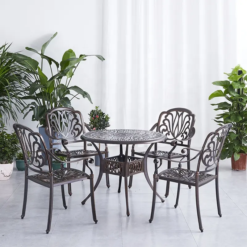 Açık lüks yemek masası seti şemsiye 4 kişilik olaylar teras Modern döküm alüminyum bahçe yuvarlak masa ve sandalyeler