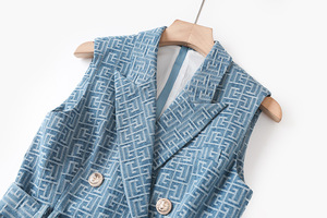 Mùa Hè Cổ Điển Phong Cách Hình Học Mô Hình Phụ Nữ Notched Không Tay Vải Phụ Nữ Mỏng Văn Phòng Đôi Ngực Blazer Dress Với Vành Đai - Product Image 3