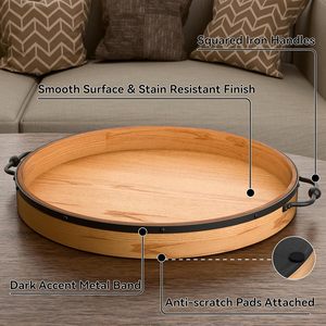 Grand <span class=keywords><strong>plateau</strong></span> ottoman rond - <span class=keywords><strong>Plateau</strong></span> <span class=keywords><strong>de</strong></span> service en bois <span class=keywords><strong>de</strong></span> style farmhouse <span class=keywords><strong>de</strong></span> 22 pouces <span class=keywords><strong>avec</strong></span> poignées métalliques - Planche à charcuterie ronde pour le salon - Product Image 2