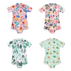 OEM Custom Kids Toddler Baby Swimwear Beachwear Swimsuit Beach Bathing Suit Girl 1 Piece Print Tropical Floral Zipper Sleeve