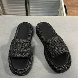 Sandales de créateur pour femmes, sandales de mode en paille, mules en cuir à enfiler, claquettes de piscine, talons épais, été, plage - Product Image 5
