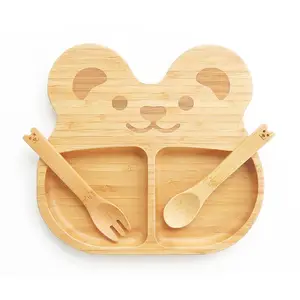 竹可重复使用的婴儿吸盘套装勺子和叉子免费的孩子板