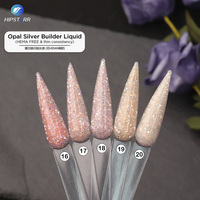 Gel de construction liquide auto-nivelant HEMA FREE & Thin Consistency Opal Glitter Builder en flacon argenté, vernis à ongles liquide pour extension