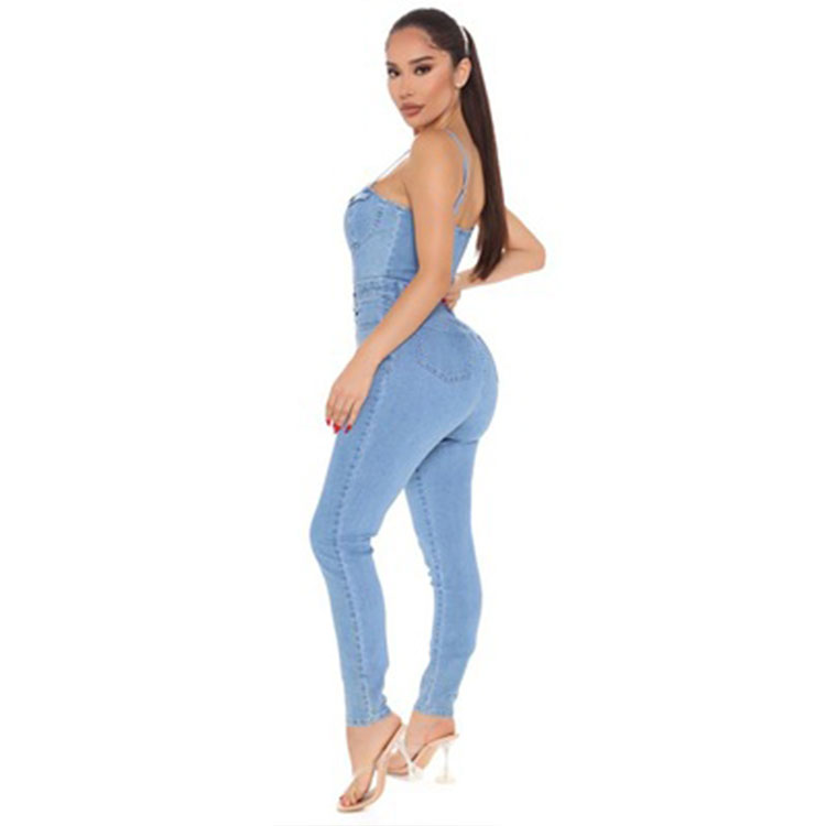 2021 Spring dropship fashion style plain denim one piece jumpsuit women