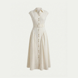 Camisa Maxi Clásica Francesa Informal, Lisa, con Cinturón en la Cintura Alta, Cuello con Botones, Ecológica, Transpirable, OEM, ODM, Envío Rápido - Product Image 1