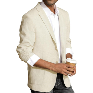 <span class=keywords><strong>Blazer</strong></span> Casual da <span class=keywords><strong>Uomo</strong></span> Monopetto con Risvolto a Revers, in Misto Lino <span class=keywords><strong>Beige</strong></span>, per Abbigliamento Business Smart-Casual - Product Image 4