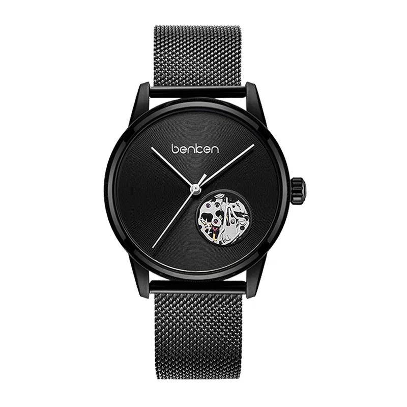 Benken OEM Business Casual Custom Luxury Black Dial Waterproof Stainless Steel Mesh Strap Automatic Mechanical Watches for Men