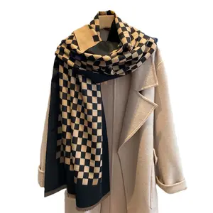 Wholesale American INS Checkerboard Plaid lace 100% Polyester Cashmere women`s thickened scarf shawl lady`s winter scarf shawl